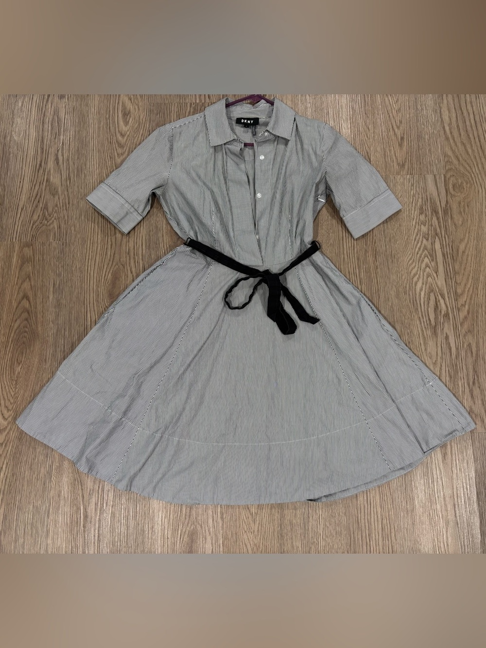 DKNY Black & White Pinstripe Shirt Dress with Waist Tie